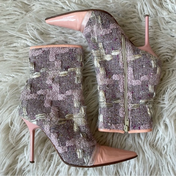 Casadei Purple Tweed Pink Patent Leather Pointed Cap Toe High Heeled Bootie Sz 6 - Picture 1 of 12